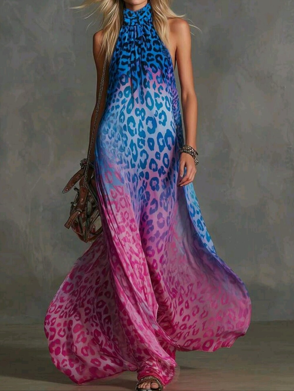 Women's Halter Neck Dress, Vintage Ombre Long Dress, Sleeveless Backless